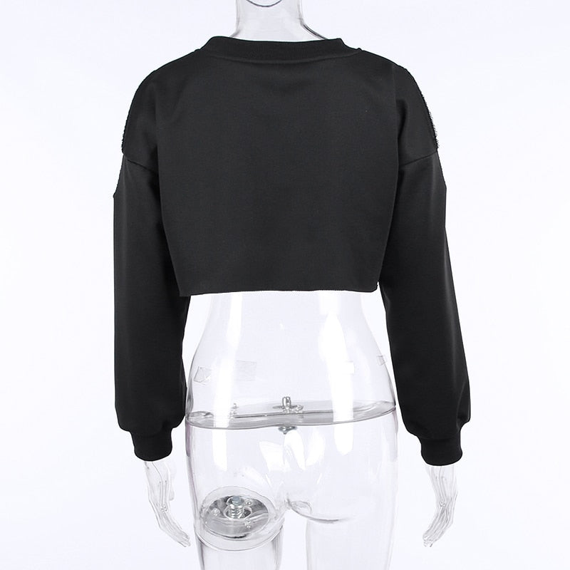 Solid Black Casual Autumn Cropped Sweatshirt freeshipping - Chagothic