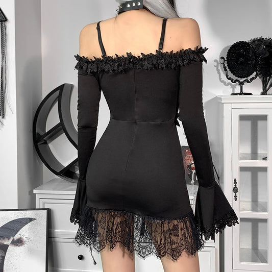 Gothic Sexy Off Shoulder Lace Tirm Dress