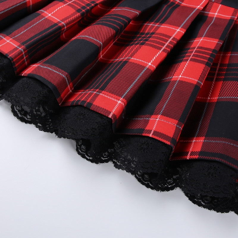 Grunge Lace Red Plaid Pleated Skirt