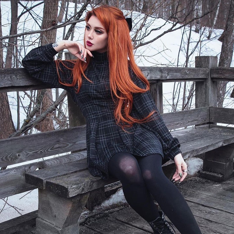 Gothic Black Plaid Turtleneck Dress