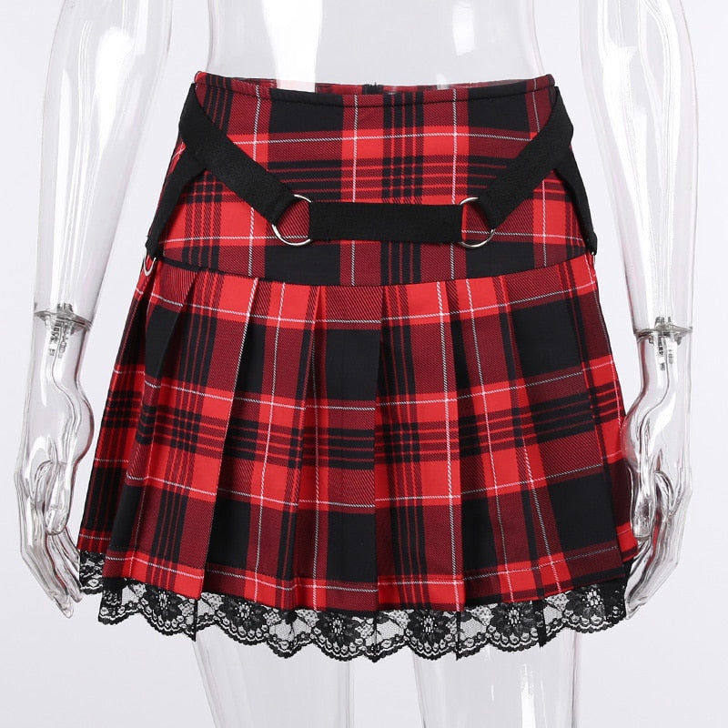 Grunge Lace Red Plaid Pleated Skirt