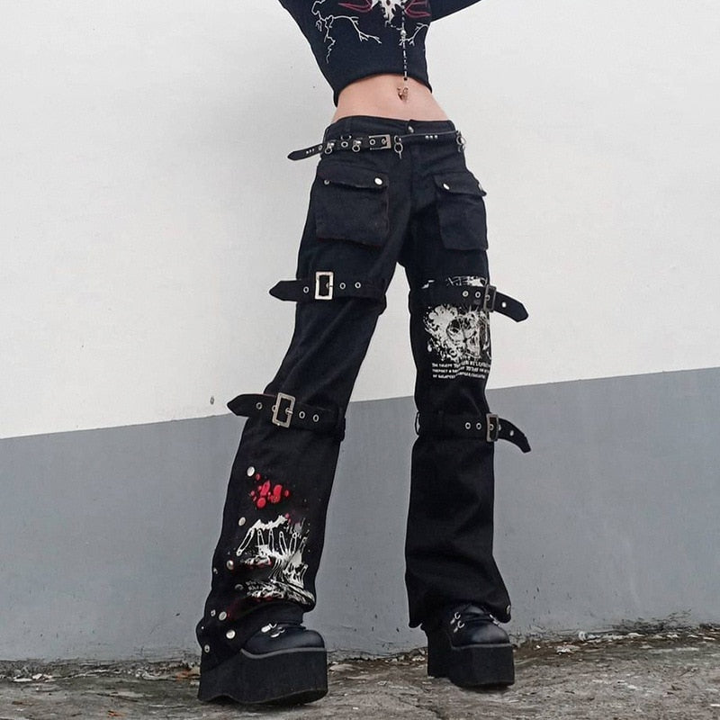 Punk Skull Print Black Buckle Pant