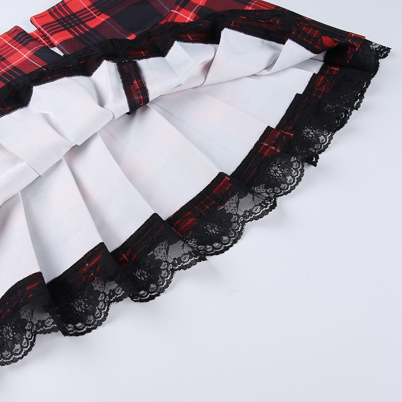 Grunge Lace Red Plaid Pleated Skirt