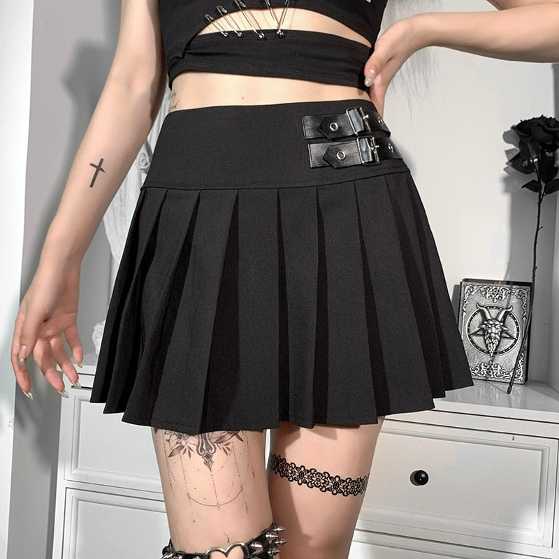 Grunge Belt Red Plaid Pleated Skirt