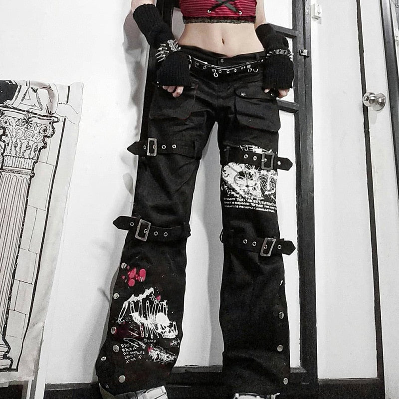 Punk Skull Print Black Buckle Pant