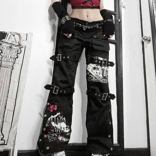 Punk Skull Print Black Buckle Pant