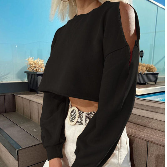 Solid Black Casual Autumn Cropped Sweatshirt freeshipping - Chagothic