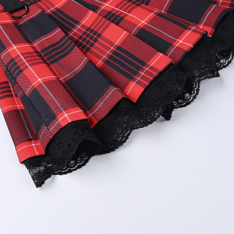 Grunge Lace Red Plaid Pleated Skirt