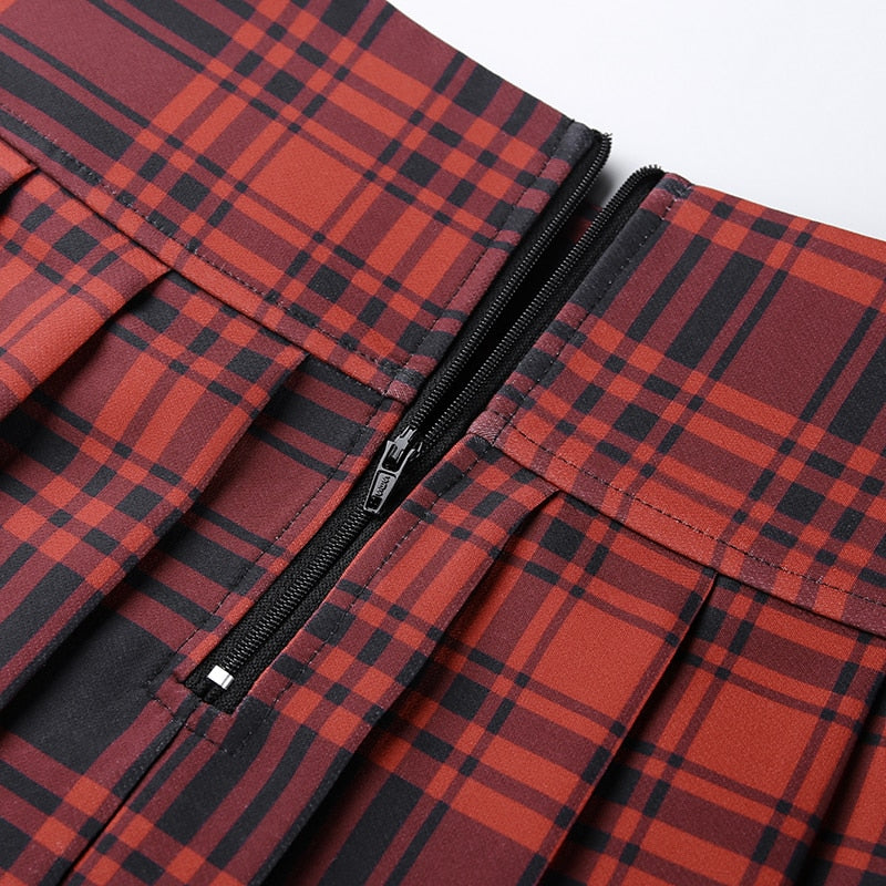 Grunge Belt Red Plaid Pleated Skirt