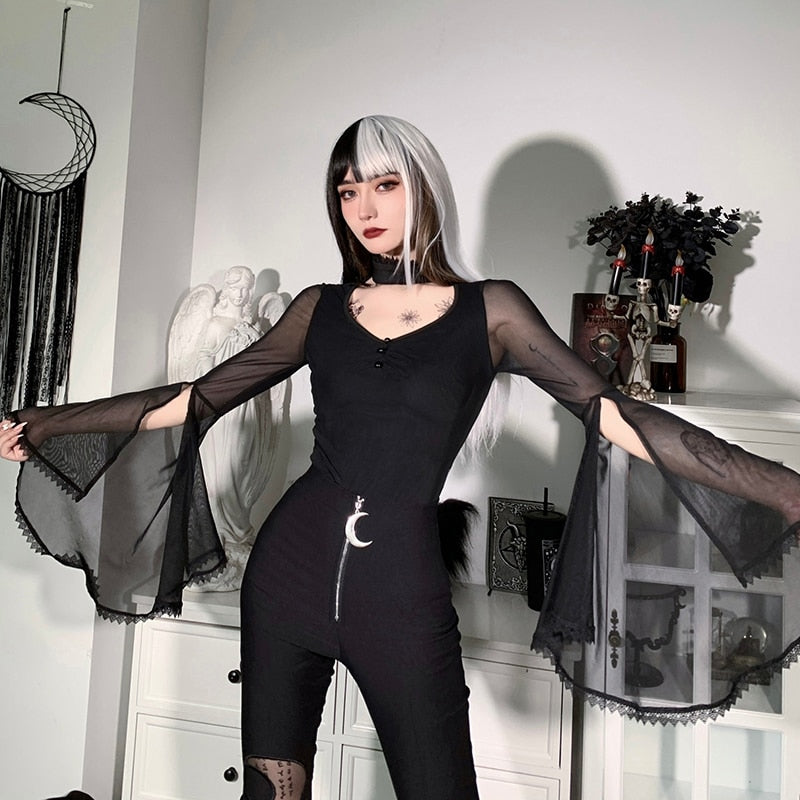 Mesh Long Flare Sleeve Top