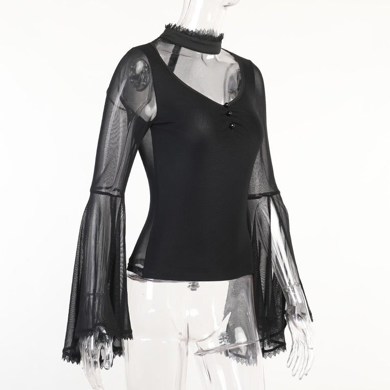 Mesh Long Flare Sleeve Top