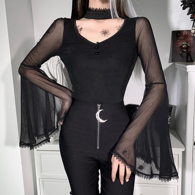 Mesh Long Flare Sleeve Top