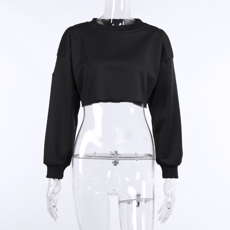 Solid Black Casual Autumn Cropped Sweatshirt freeshipping - Chagothic