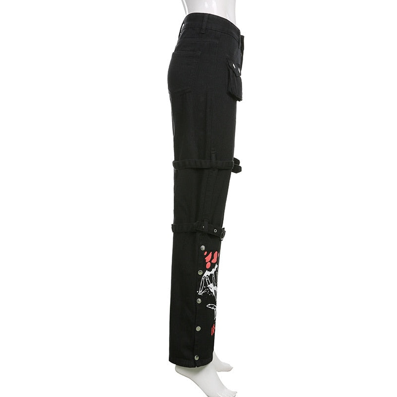 Punk Skull Print Black Buckle Pant