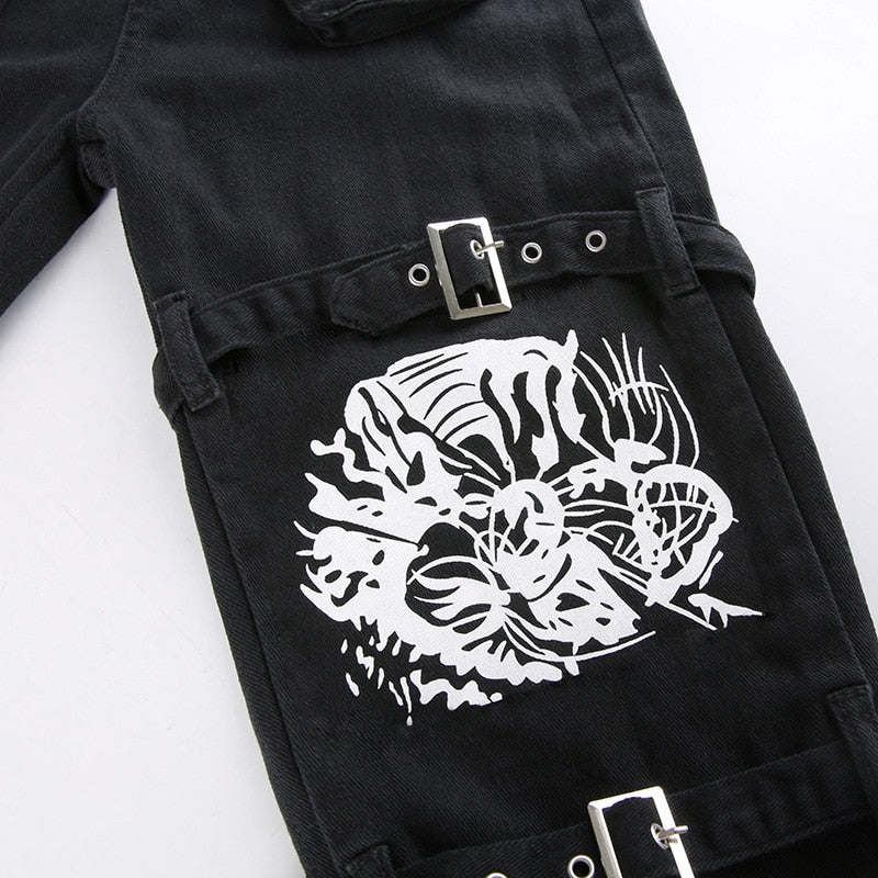 Punk Skull Print Black Buckle Pant