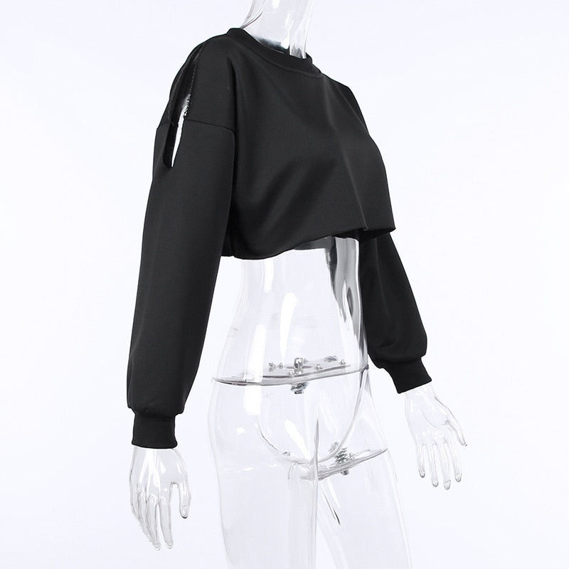 Solid Black Casual Autumn Cropped Sweatshirt freeshipping - Chagothic
