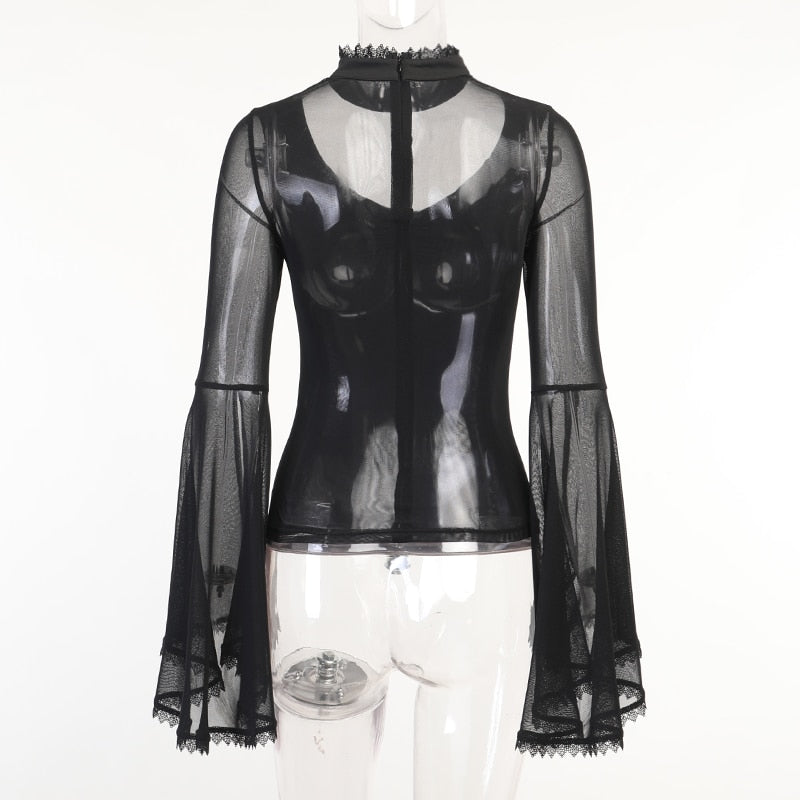 Mesh Long Flare Sleeve Top