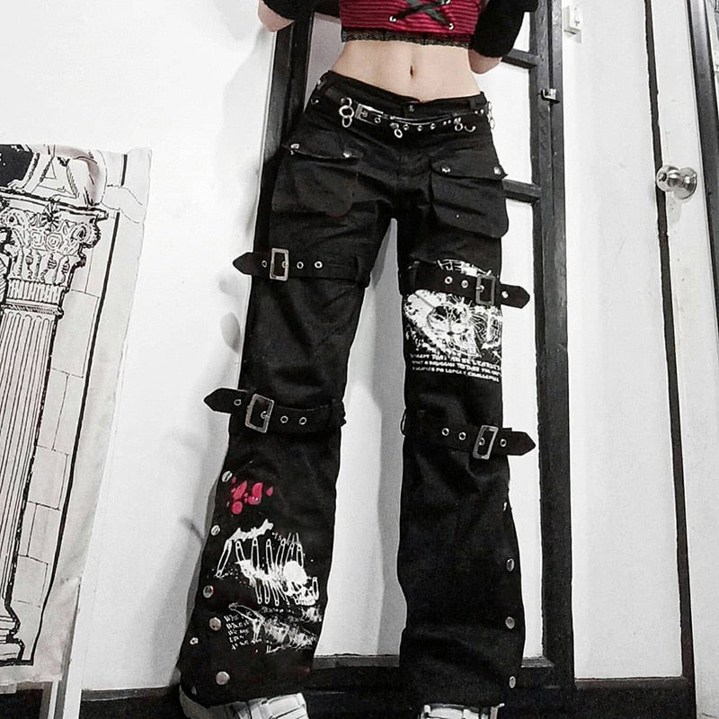 Punk Skull Print Black Buckle Pant