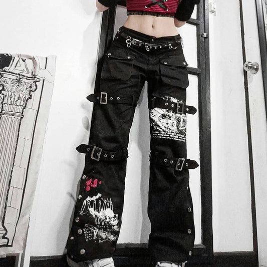Punk Skull Print Black Buckle Pant