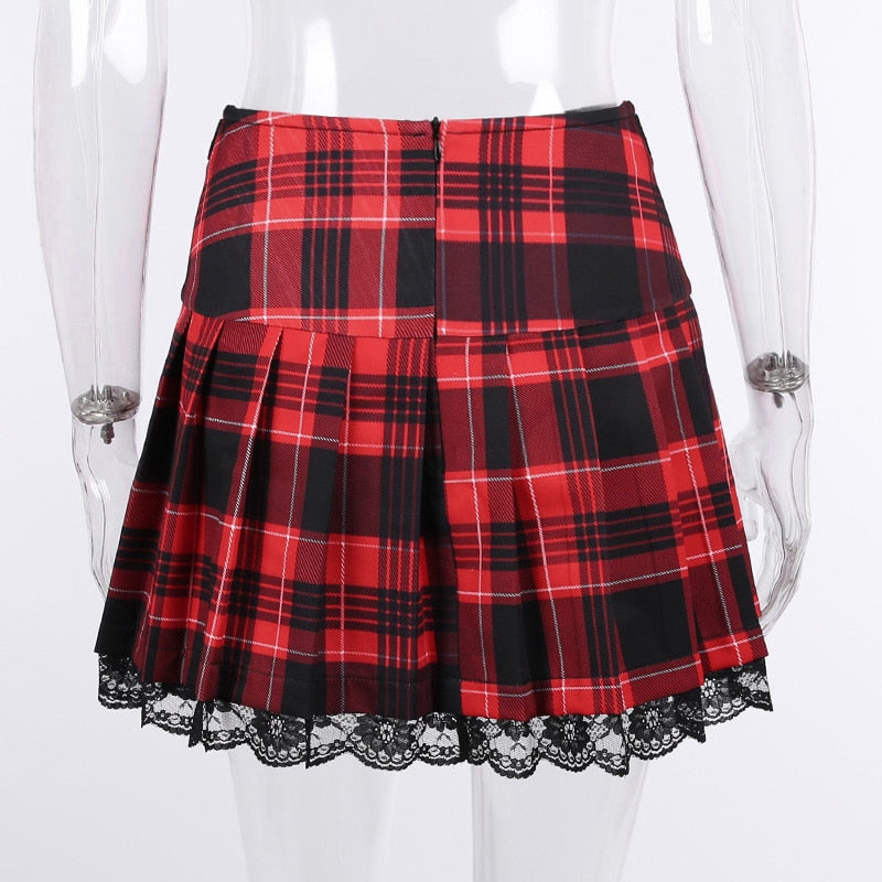 Grunge Lace Red Plaid Pleated Skirt