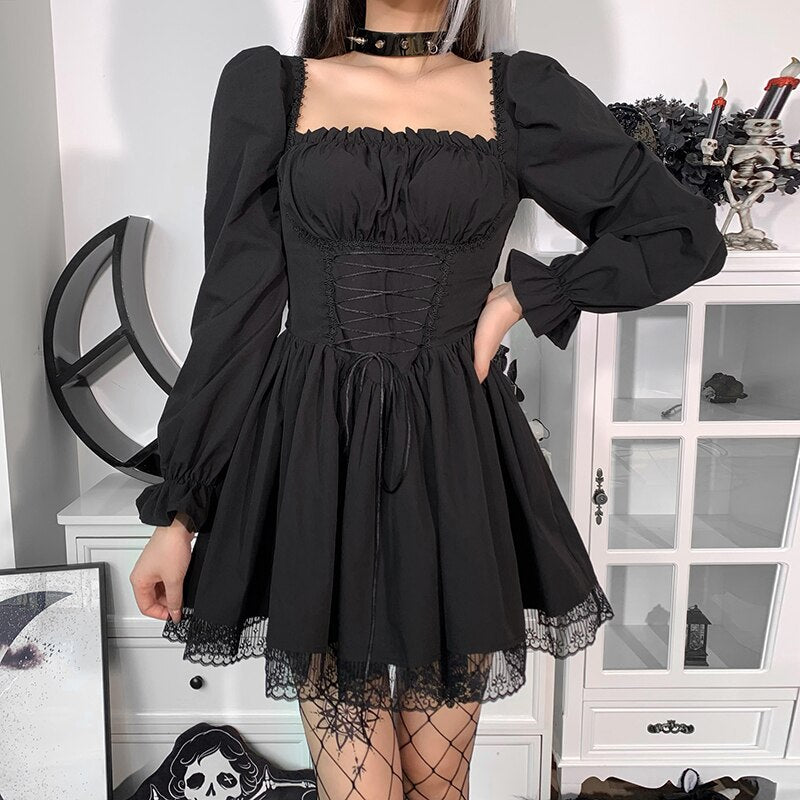 Gothic Sexy Black Lace Up Dress