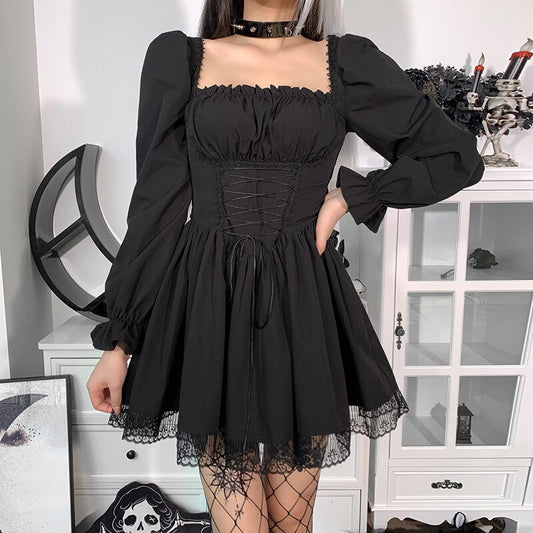 Gothic Sexy Black Lace Up Dress