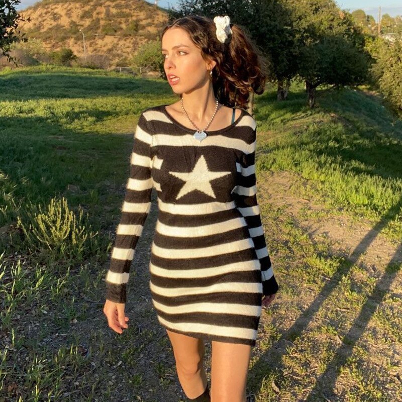 Gothic Black Stripe Star Print Dress