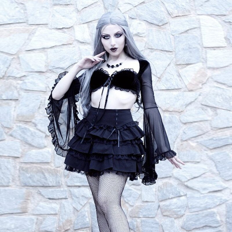 Gothic Sexy Velvet Ruffle T Shirt freeshipping - Chagothic