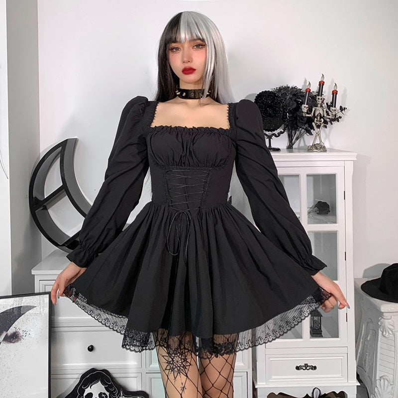 Gothic Sexy Black Lace Up Dress