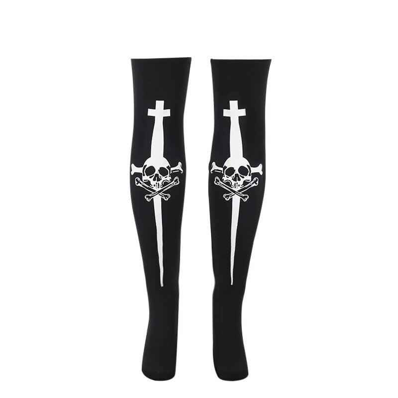 Grunge Black Skull Print Long Sock