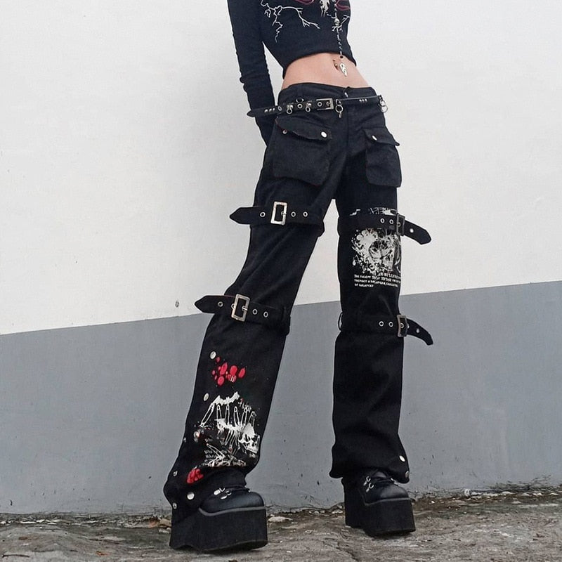 Punk Skull Print Black Buckle Pant