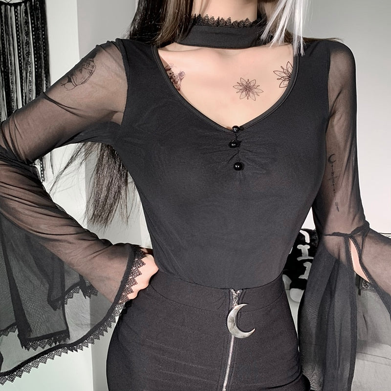 Mesh Long Flare Sleeve Top