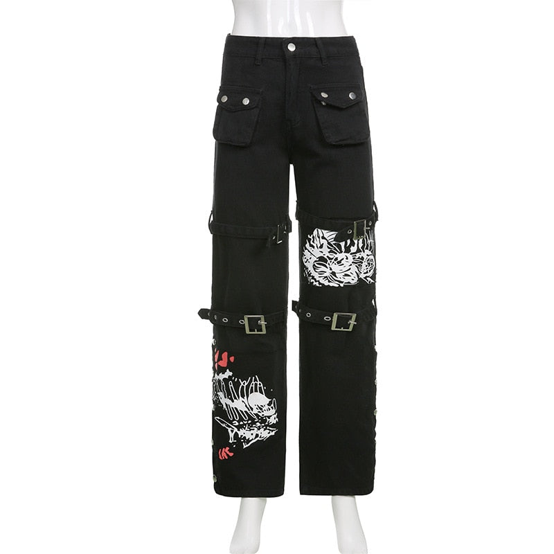 Punk Skull Print Black Buckle Pant