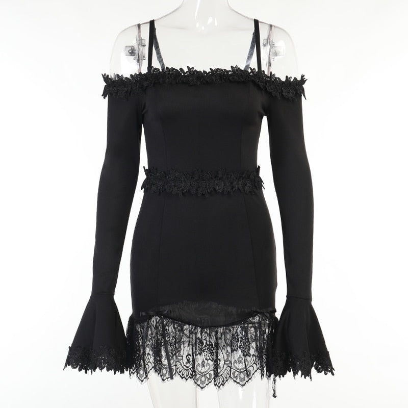 Gothic Sexy Off Shoulder Lace Tirm Dress