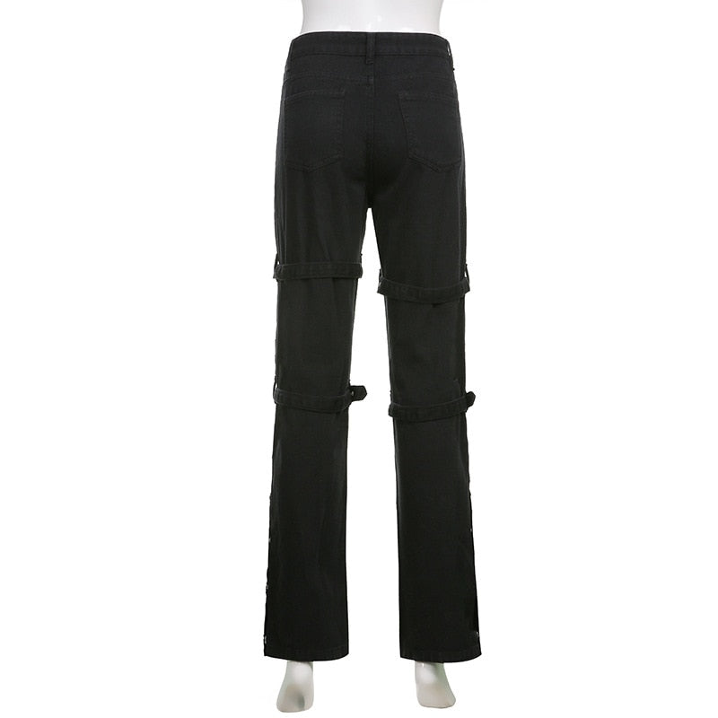 Punk Skull Print Black Buckle Pant