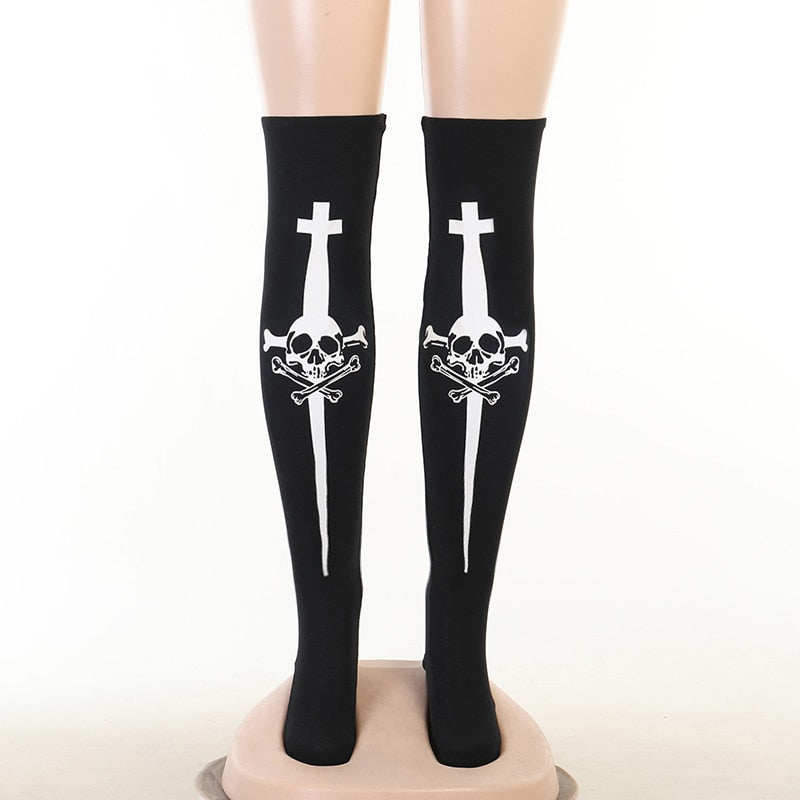 Grunge Black Skull Print Long Sock