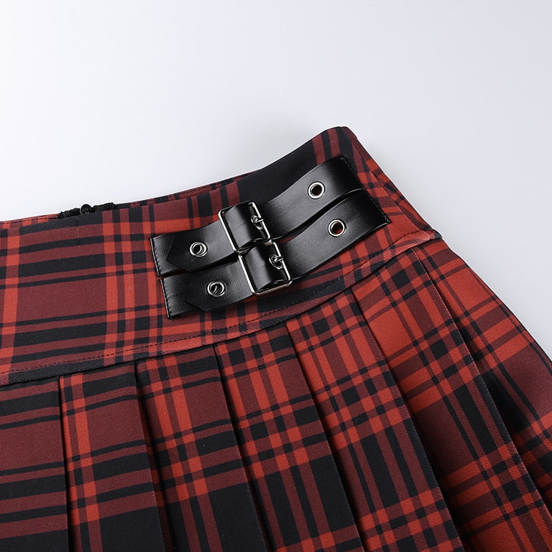 Grunge Belt Red Plaid Pleated Skirt