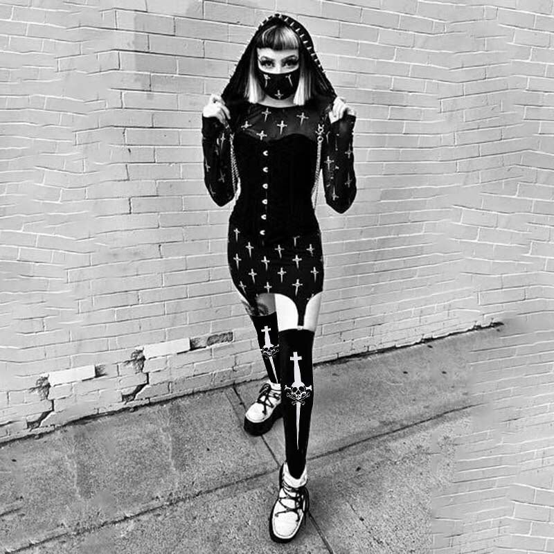 Grunge Black Skull Print Long Sock