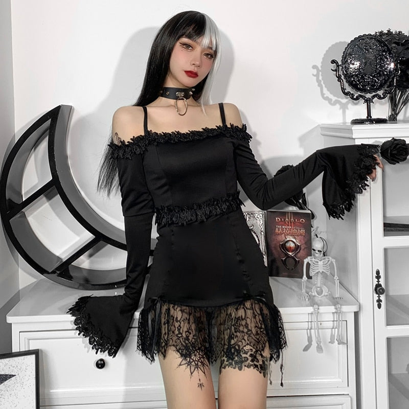 Gothic Sexy Off Shoulder Lace Tirm Dress
