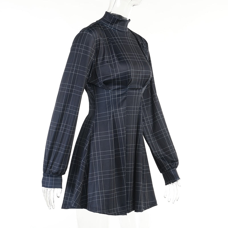 Gothic Black Plaid Turtleneck Dress