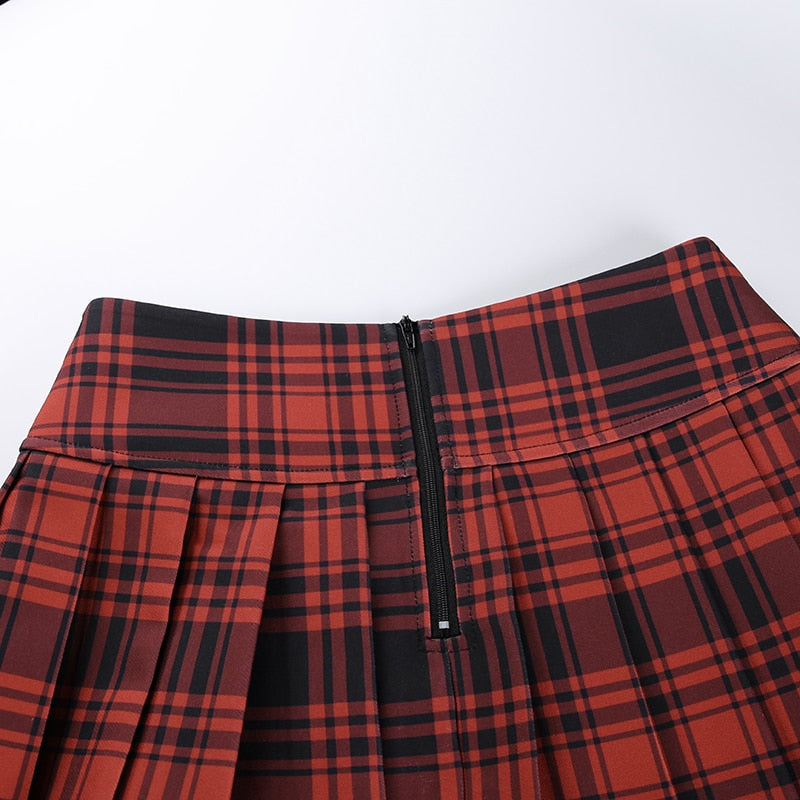 Grunge Belt Red Plaid Pleated Skirt