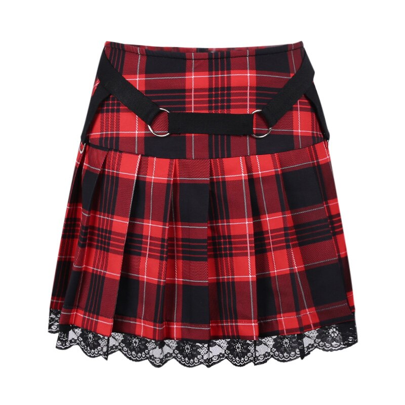 Grunge Lace Red Plaid Pleated Skirt