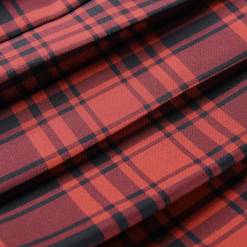 Grunge Belt Red Plaid Pleated Skirt