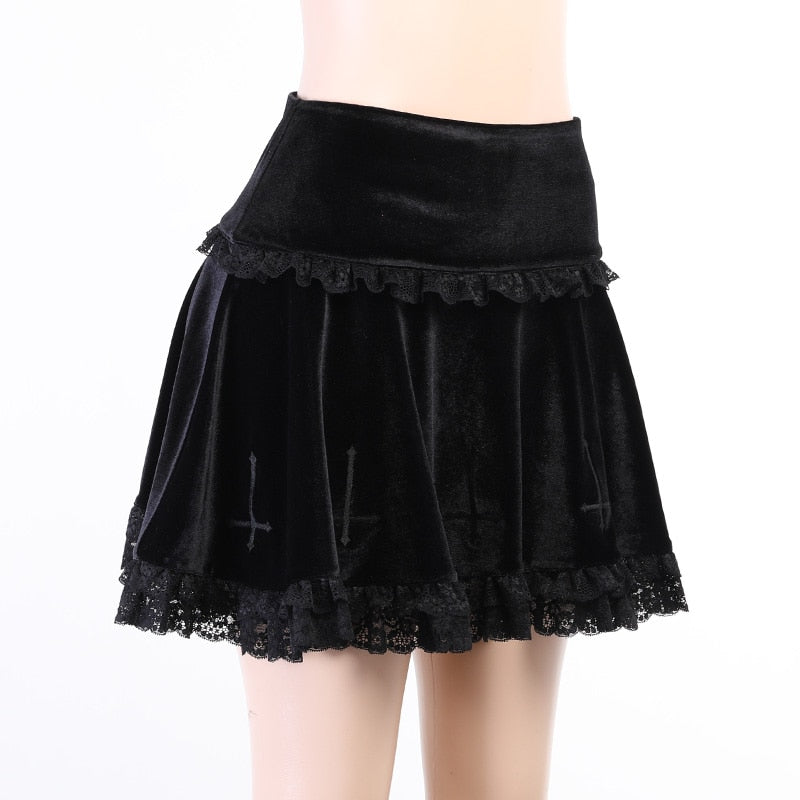 Gothic Vintage Lace Velvet Emo Skirt