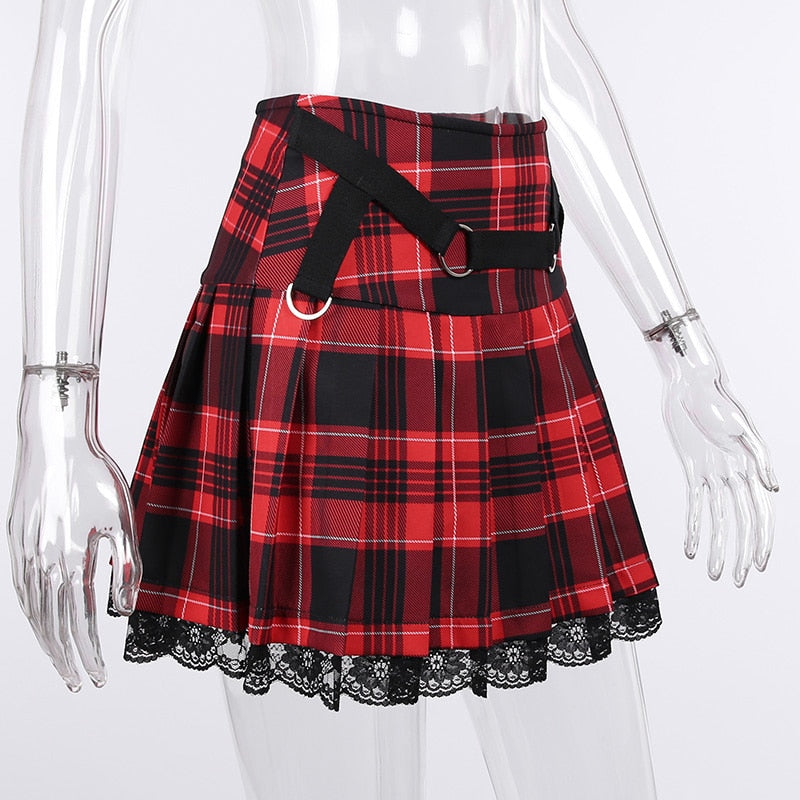 Grunge Lace Red Plaid Pleated Skirt