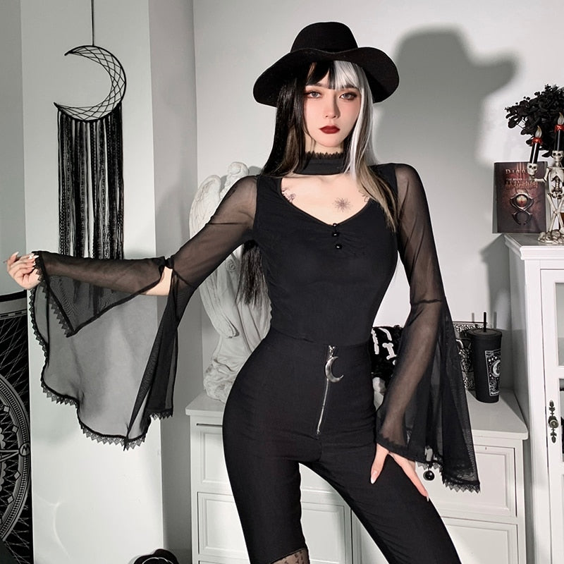 Mesh Long Flare Sleeve Top