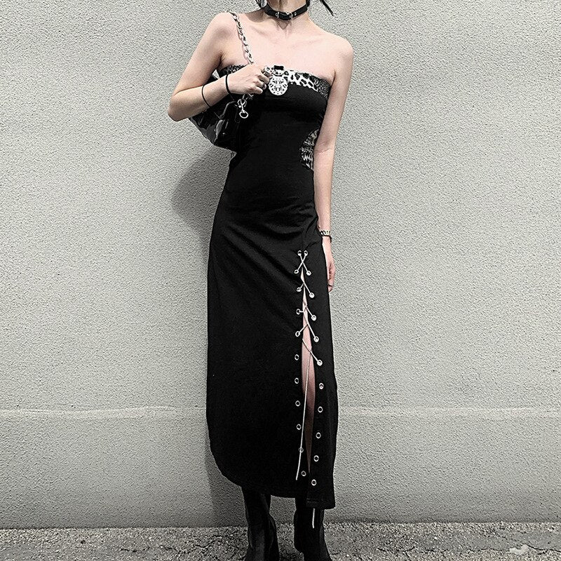Aesthetic High Waist Black Long Dress