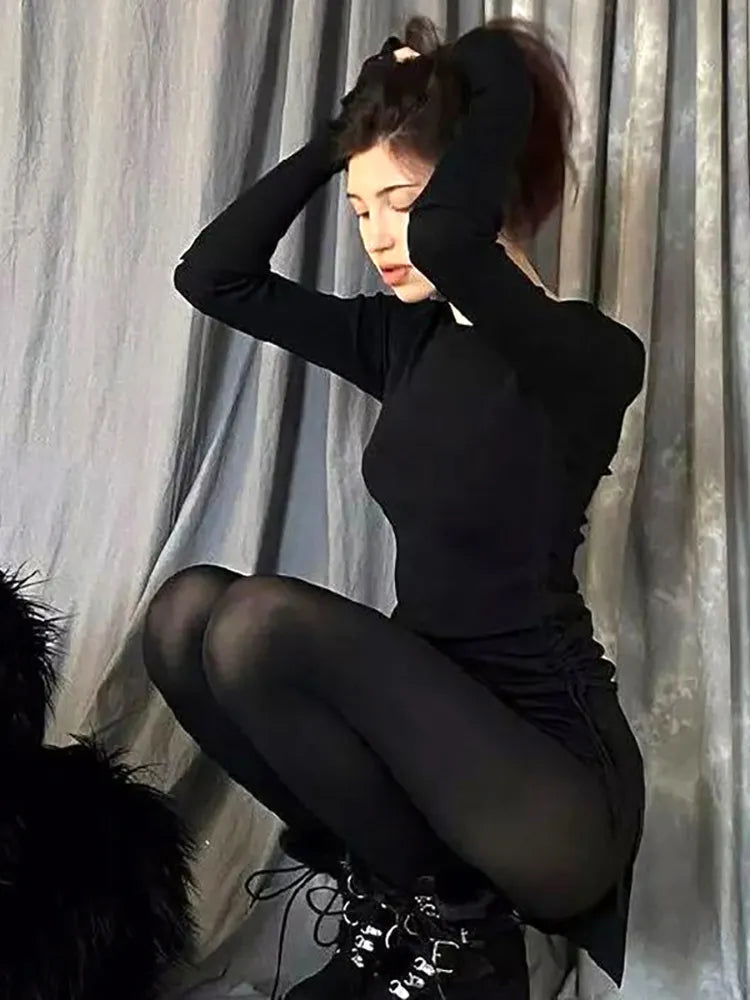 Basic Gothic Black Long Sleeve Dress