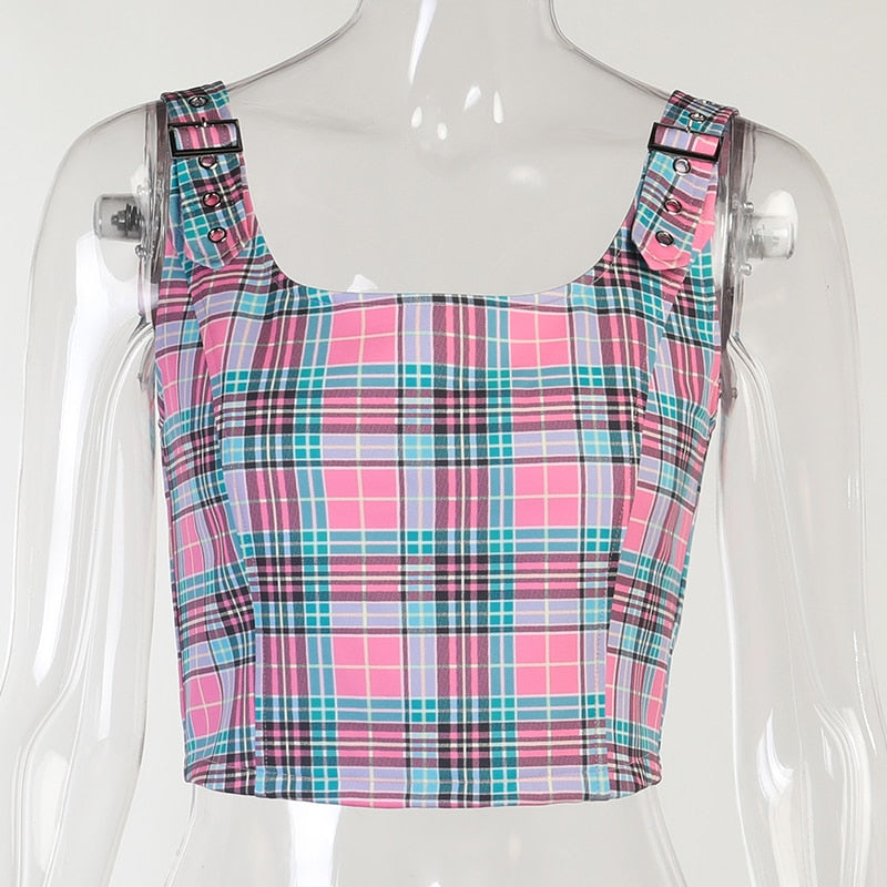 Gothic Plaid Metal Buckle Top