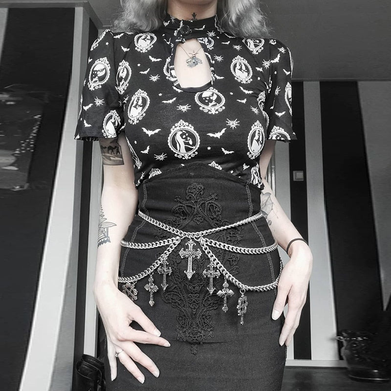 Goth Vintage Floral Black Denim Skirt freeshipping - Chagothic
